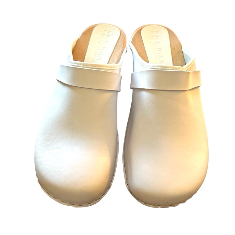 NEW BJORK Maja White Wood Look Sole 42 Open Back LEATHER Clogs (10.5) nurse - Picture 2 of 16